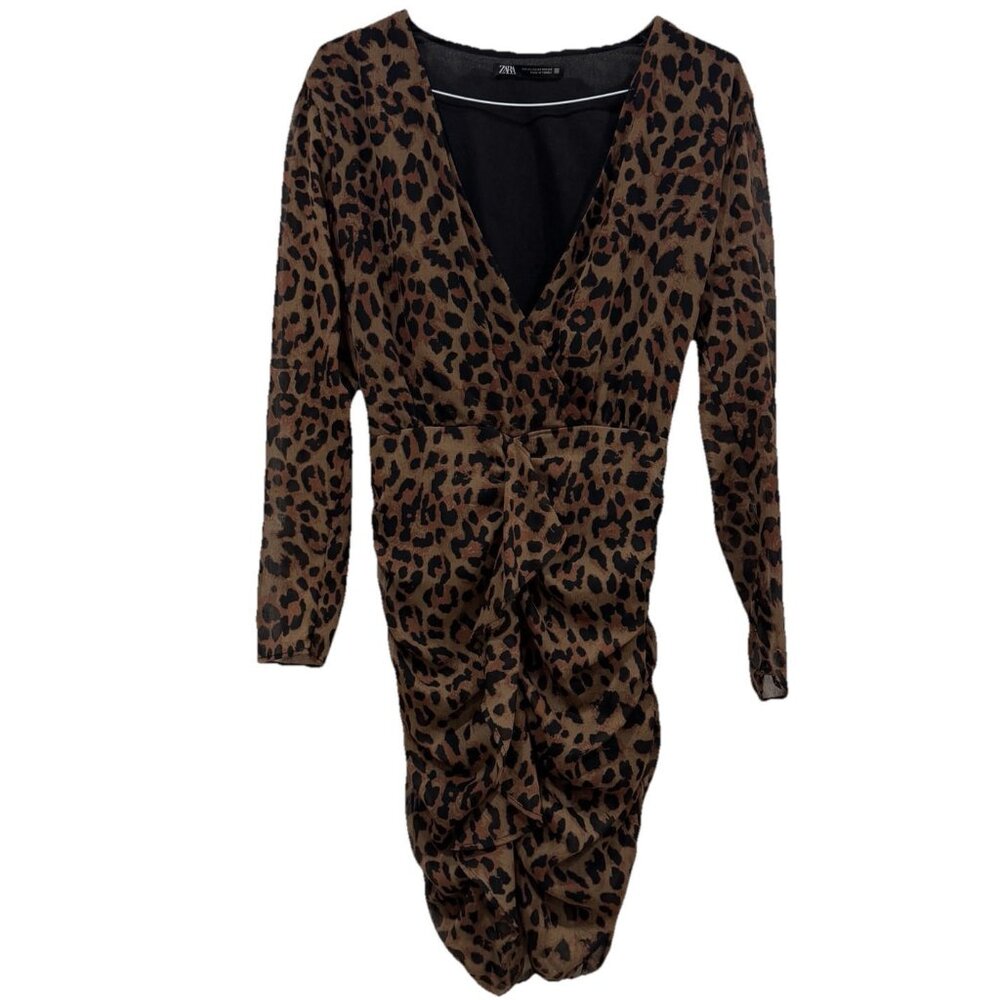 Zara Bodycon Dress Womens XS Animal Print Ruched Ruffle Long‎ Sleeve Short